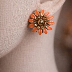 Elegant Coral Orange and Gold Floral Clip On Vintage Mid Century Earrings